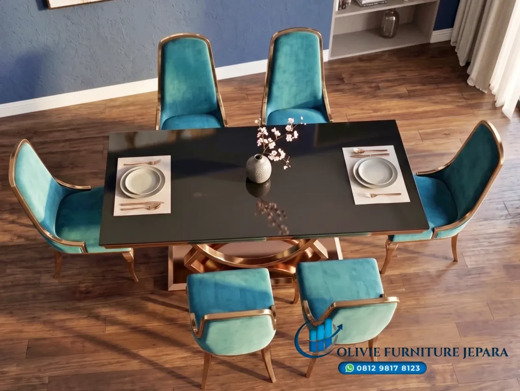 Dining Set Meja Makan Mewah Stainless 6 Kursi Jok Bludru
