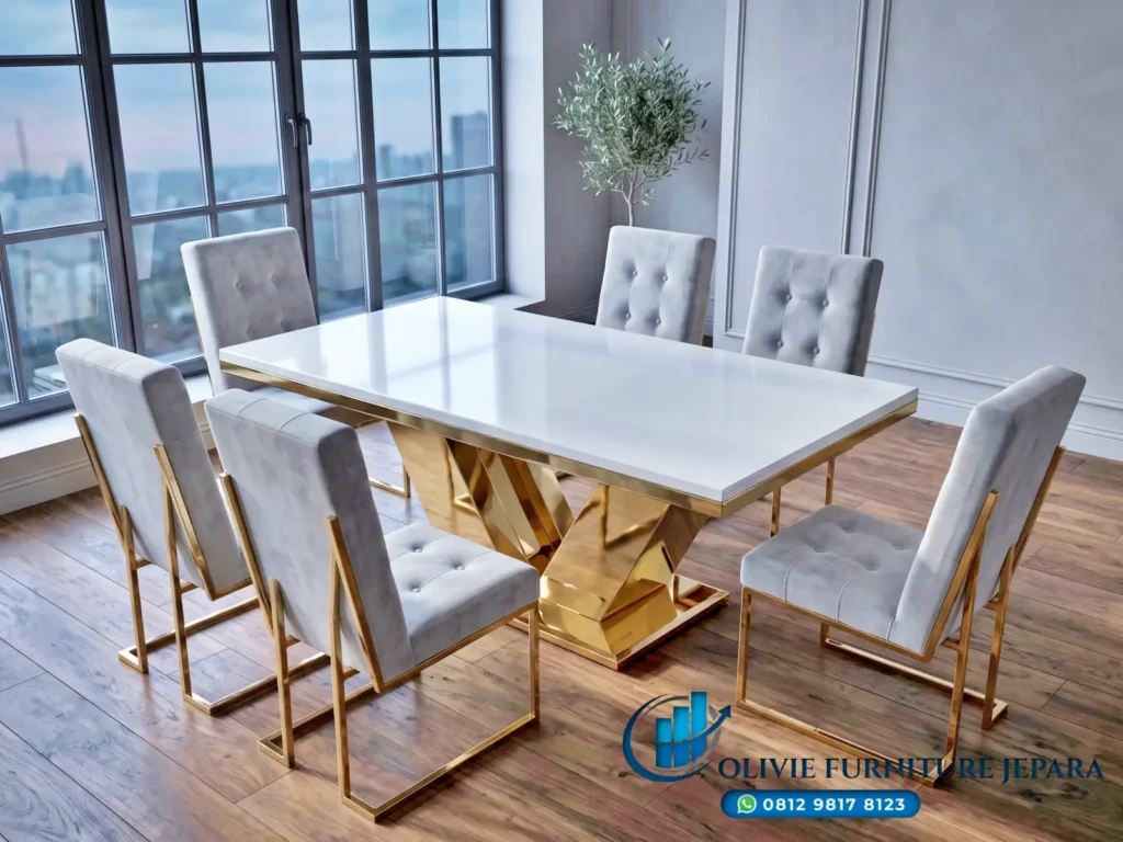 Meja Makan Kaki Gold Stainless Top Marmer Mewah Handmade Olivie Furniture Jepara
