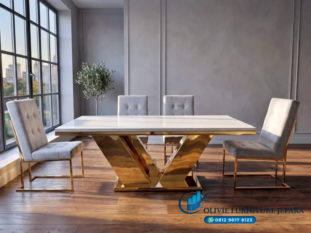 Meja Makan Kaki Gold Stainless Top Marmer Mewah 6 Kursi Handmade Olivie Furniture Jepara