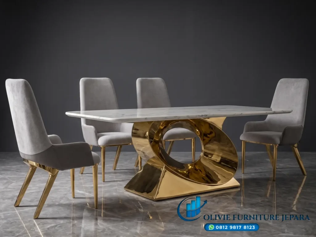 Meja Makan Marmer Mewah Kaki Gold Sculptural Design – Set 6 Kursi Beludru Produksi Olivie Furniture Jepara
