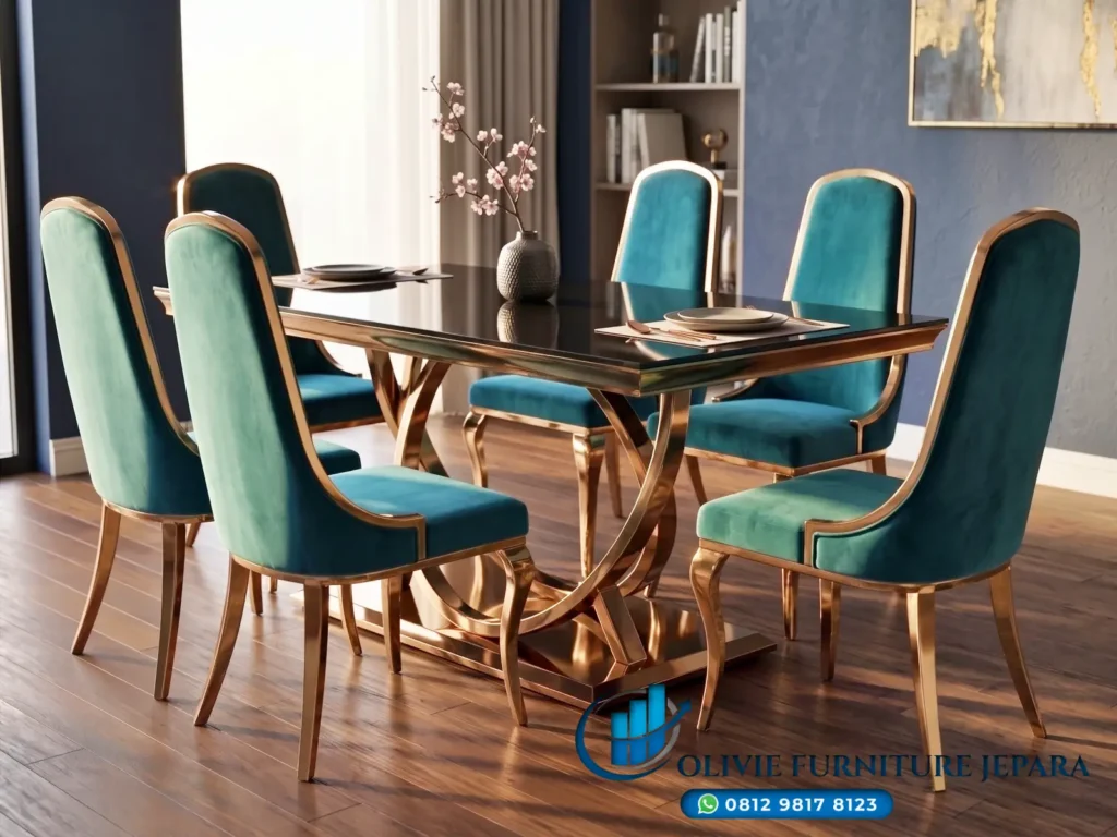 Meja Makan Mewah Stainless 6 Kursi Jok Bludru