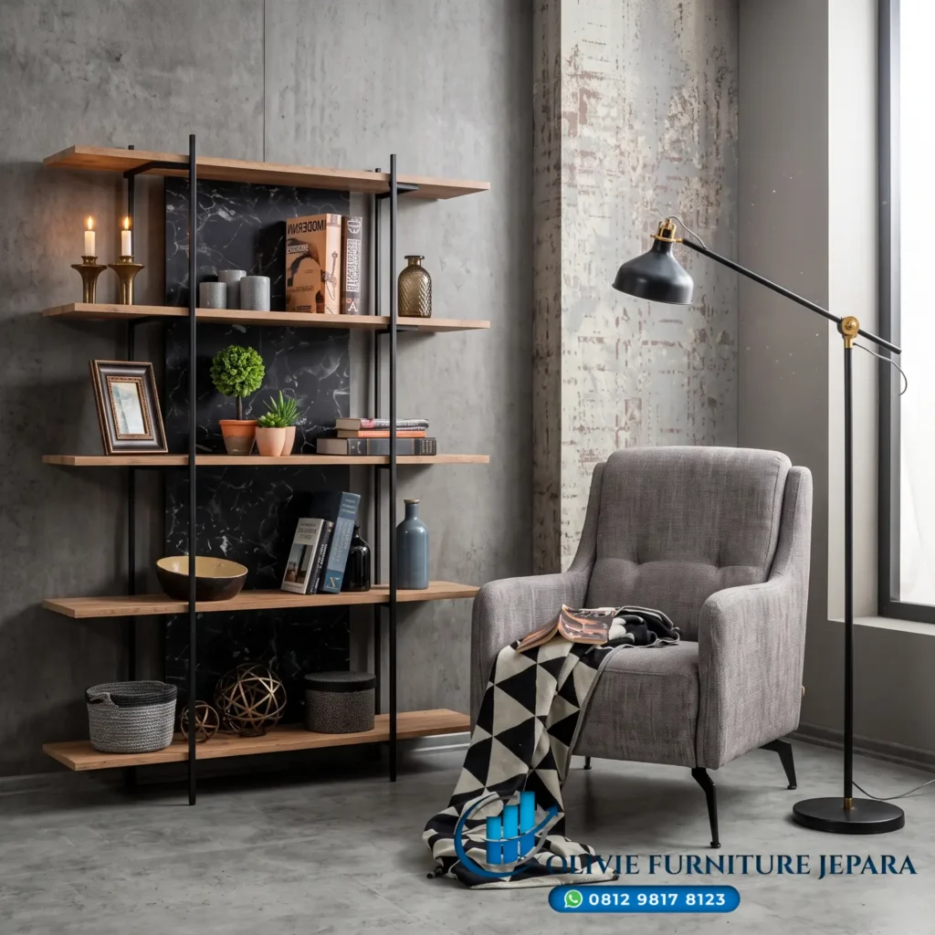 Rak Buku Minimalis Industrial Set Kursi Sofa Baca