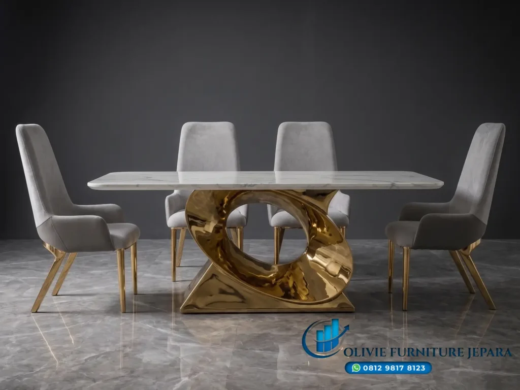 Sale Meja Makan Marmer Mewah Kaki Gold Sculptural Design – Set 6 Kursi Beludru Produksi Olivie Furniture Jepara