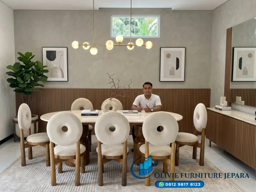 Set Meja Makan Marmer 8 Kursi Makan Donat Kayu Jati Minimalis