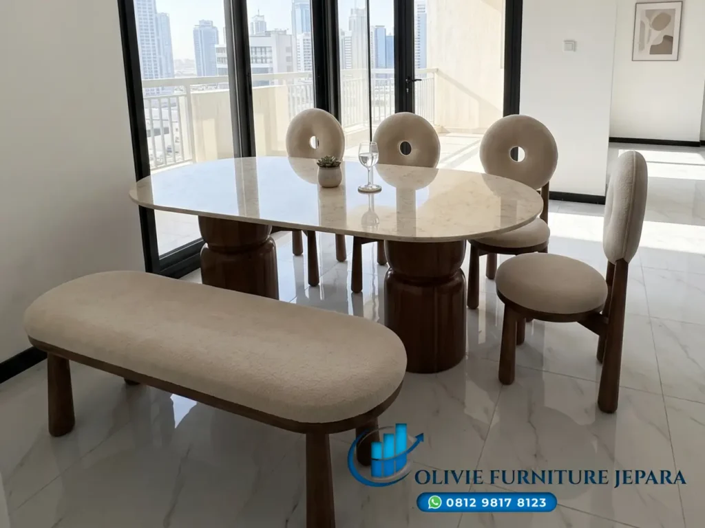 Set Meja Makan Marmer Carara Kayu Jati Minimalis