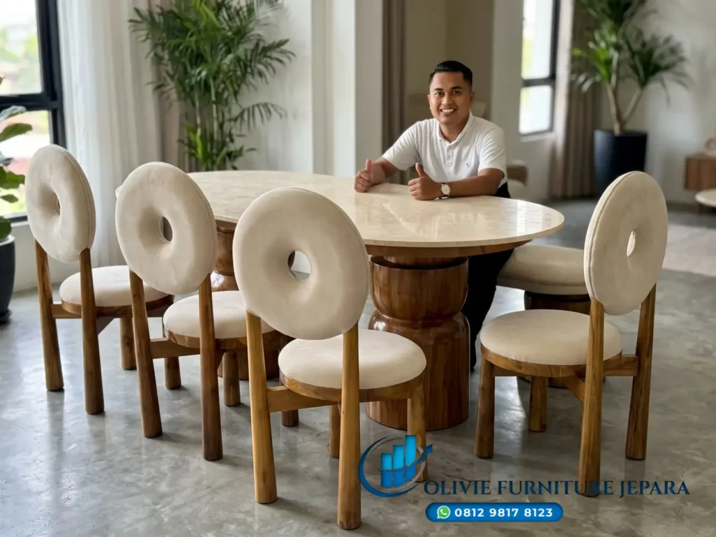 Set Meja Makan Oval Marmer Travertine 6 Kursi Makan Donat Kayu Jati Minimalis