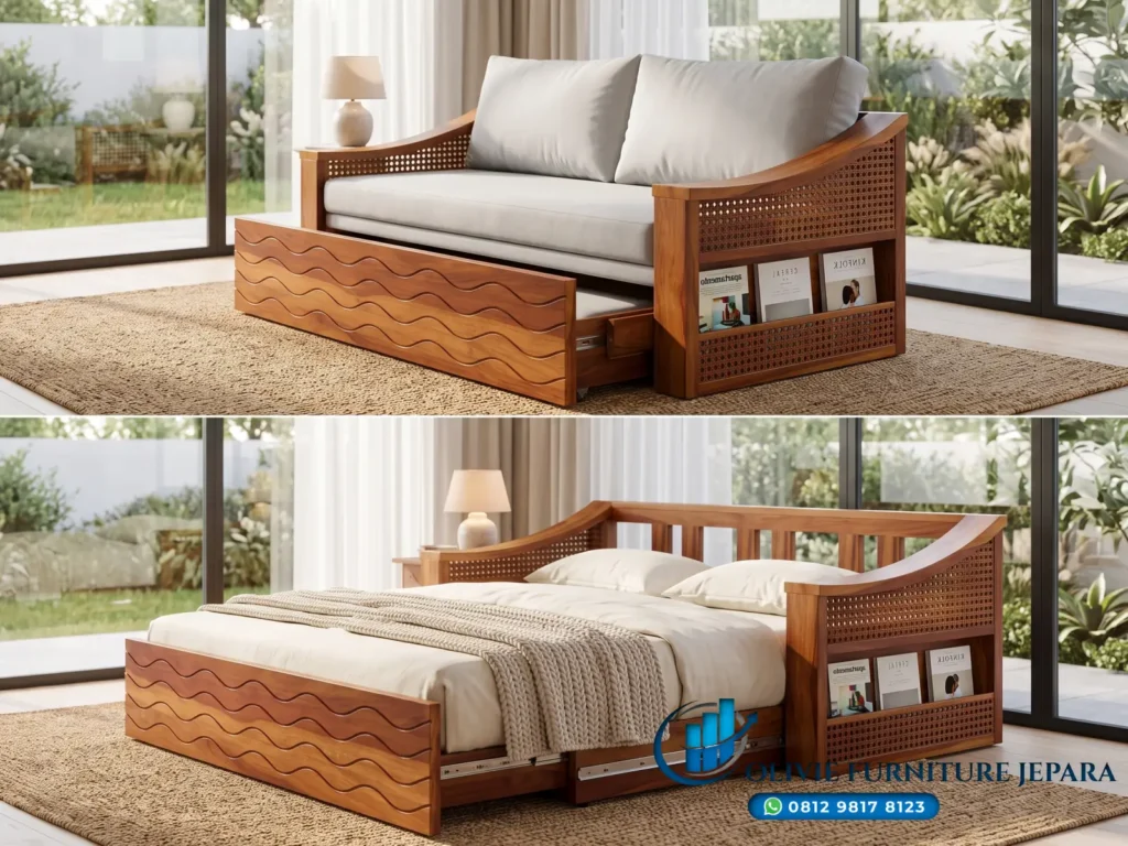 Sofa Bed Kayu Jati Mewah Rotan Alami