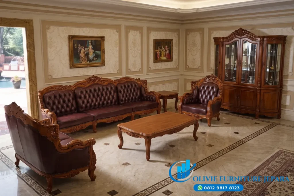 Sofa Tamu Jati Mewah Original Leather Jepara