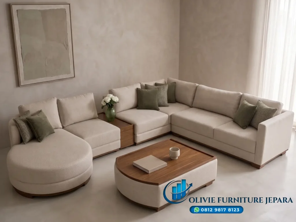 Sofa Tamu Jepara Modern Terbaru Model Sudut Ruang Apartement di Produksi Olivie Furniture Jepara